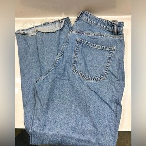 Light wash real denim jeans, wide leg long mom jeans